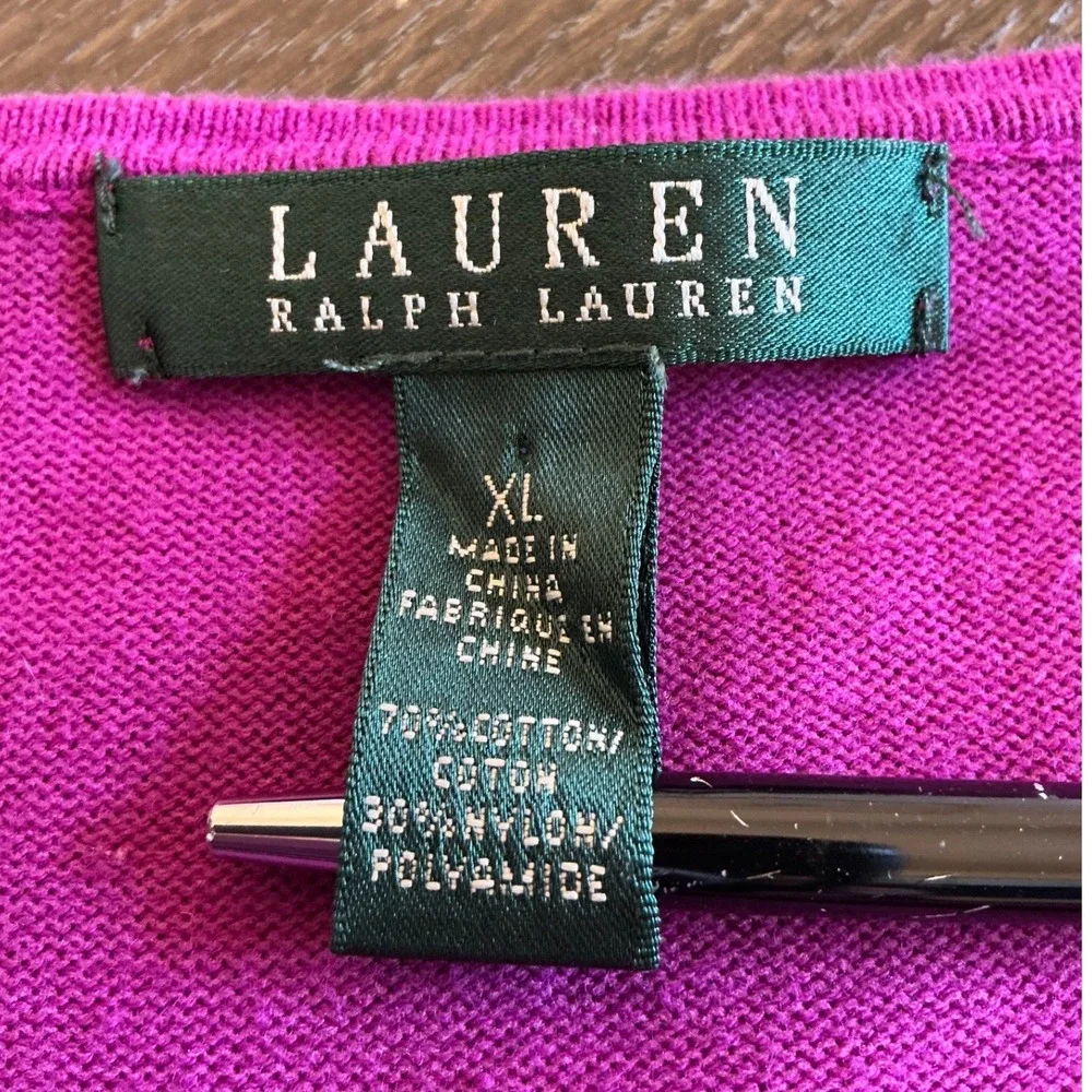 Lauren Ralph Lauren XL Pink Black Striped Gold Zip Shoulder Pullover Sweater